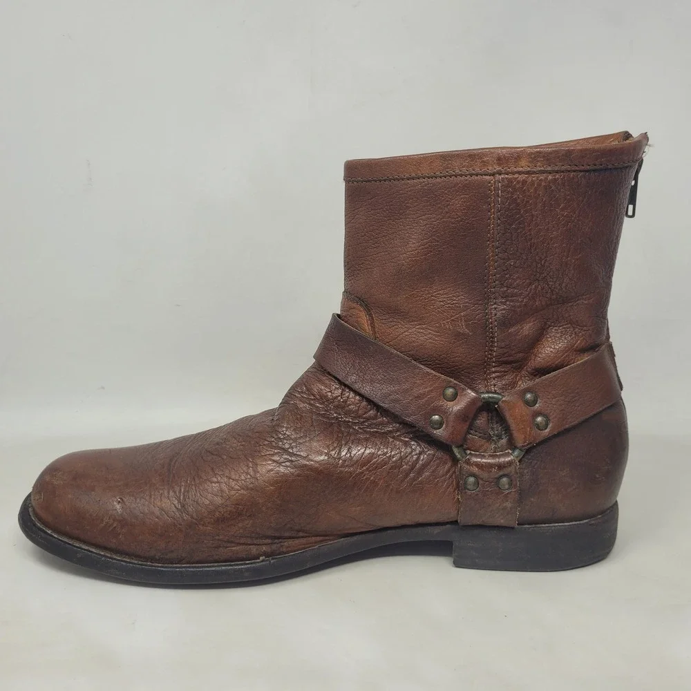 Frye Boots 12D Brown Leather Phillip Harness Short Moto Engineer Distressed Zip